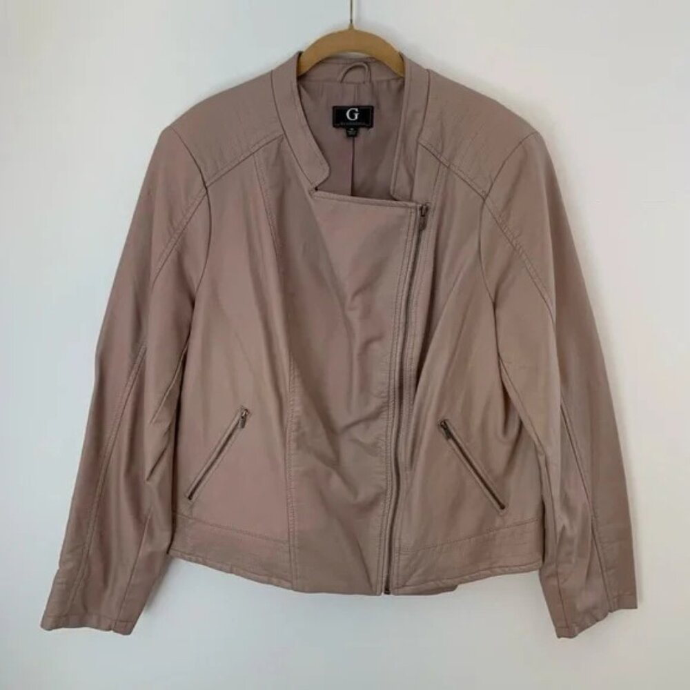 G by Giuliana Asymmetrical Zip Faux Leather Jacket Taupe/Tan/Blush 2X Pre-Owned